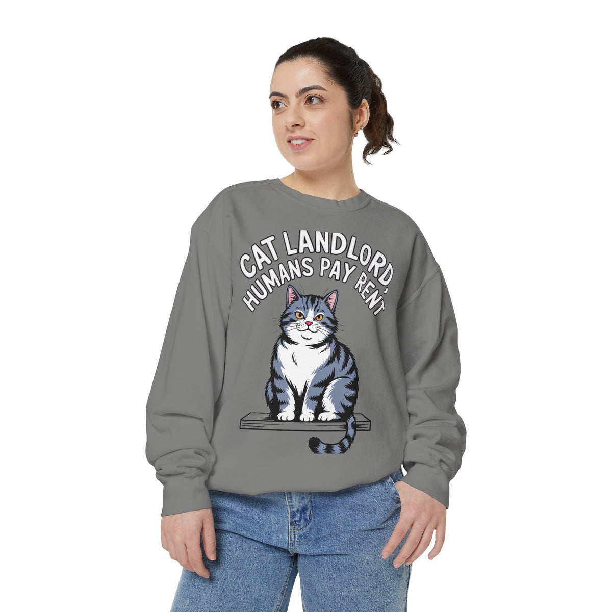 Cat Landlord Sweatshirt, Funny Cat Owner Gift, Humans Pay Rent Crewneck, Cute Fat Cat Sweatshirt, Embroidered Patch Style Sweatshirt