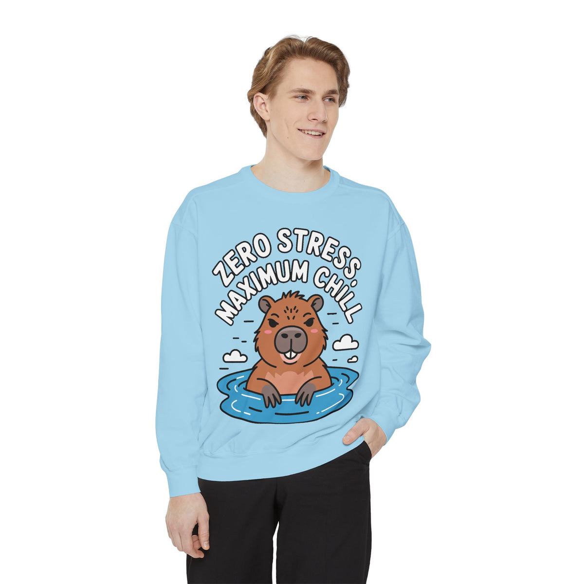 Zero Stress Capybara Sweatshirt, Funny Hot Spring Capybara Crewneck, Cute Chill Animal Gift, Garment Dyed Embroidered Sweatshirt
