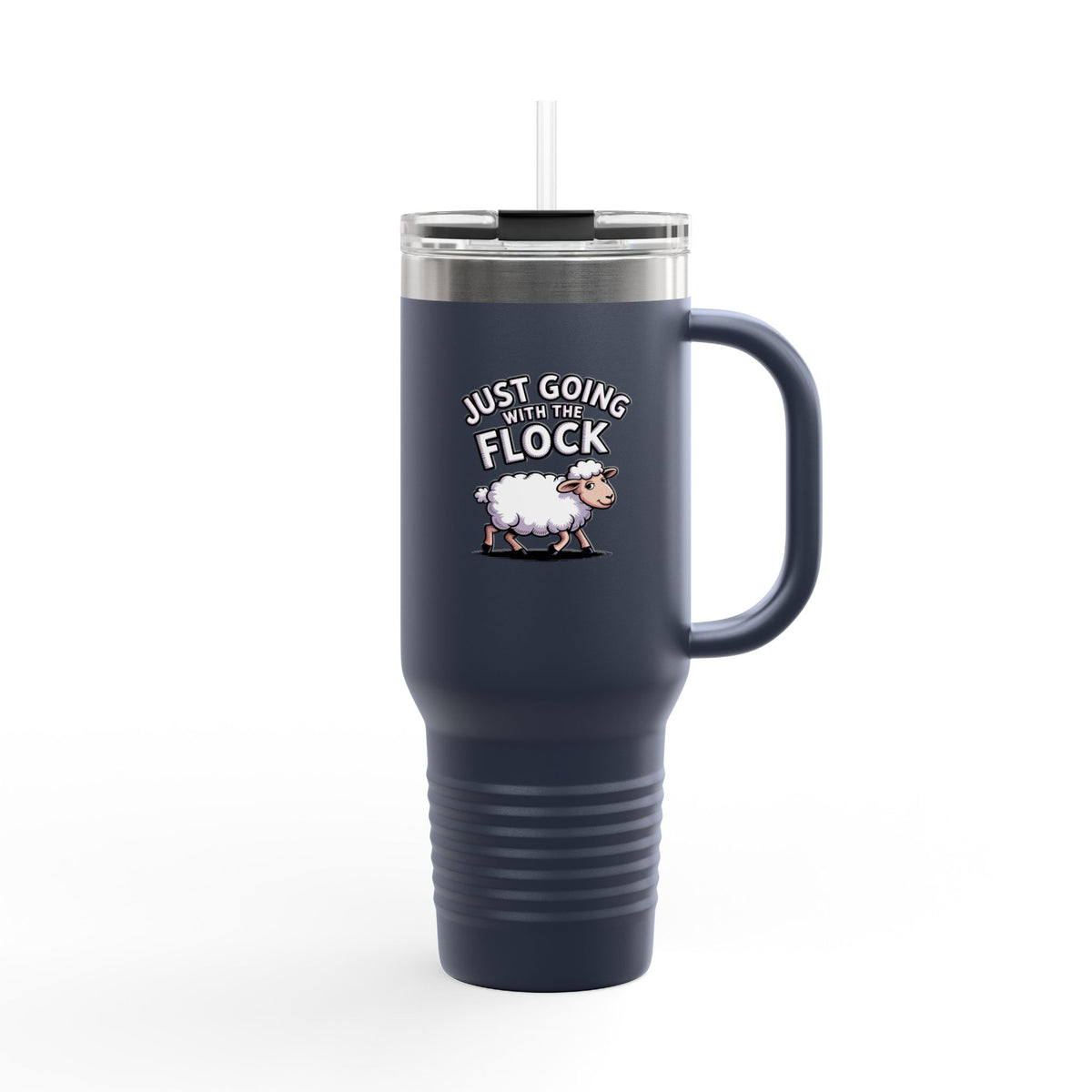 Funny Sheep Travel Mug, 'Just Going With The Flock' Tumbler, Cute Sheep 40oz Insulated Cup, Sarcastic Gift for Coworker or Friend