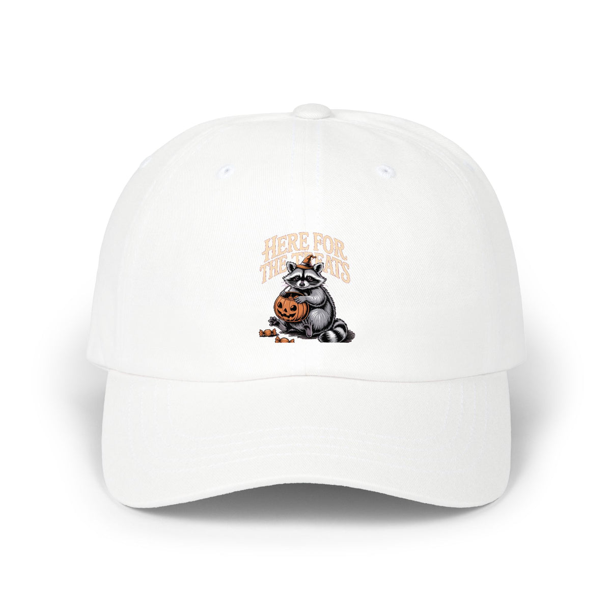 Here For The Treats Raccoon Dad Hat, Funny Halloween Cap, Vintage Raccoon Embroidered Dad Cap, Spooky Season Trick or Treat Gift