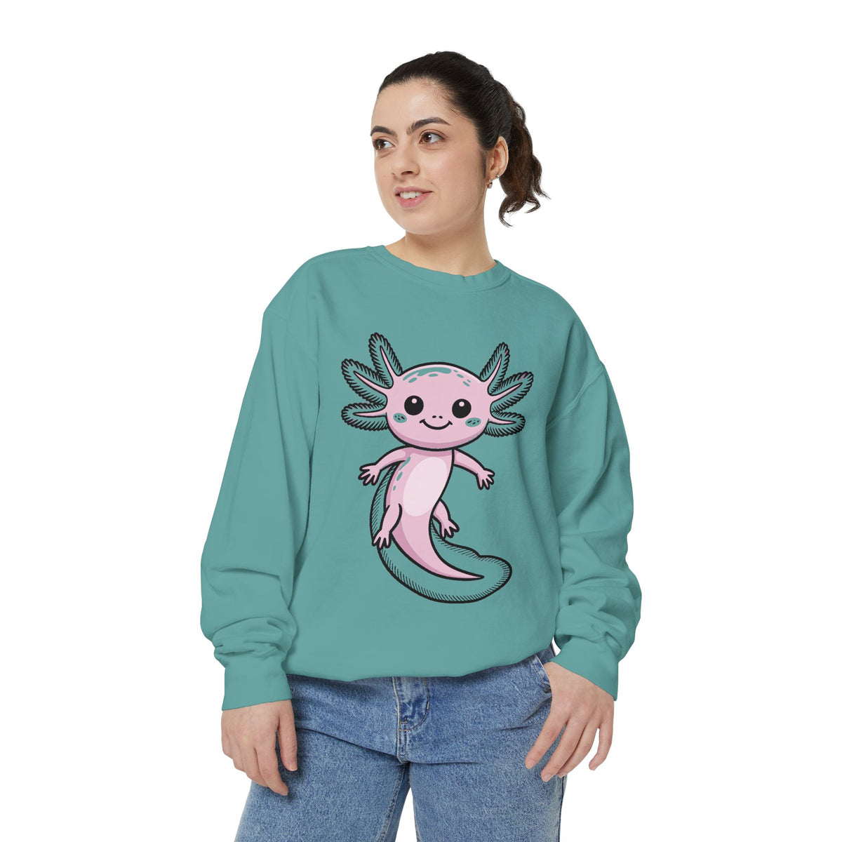 Cute Axolotl Sweatshirt, Smiling Axolotl Embroidered Crewneck, Kawaii Animal Lover Gift, Garment Dyed Pullover