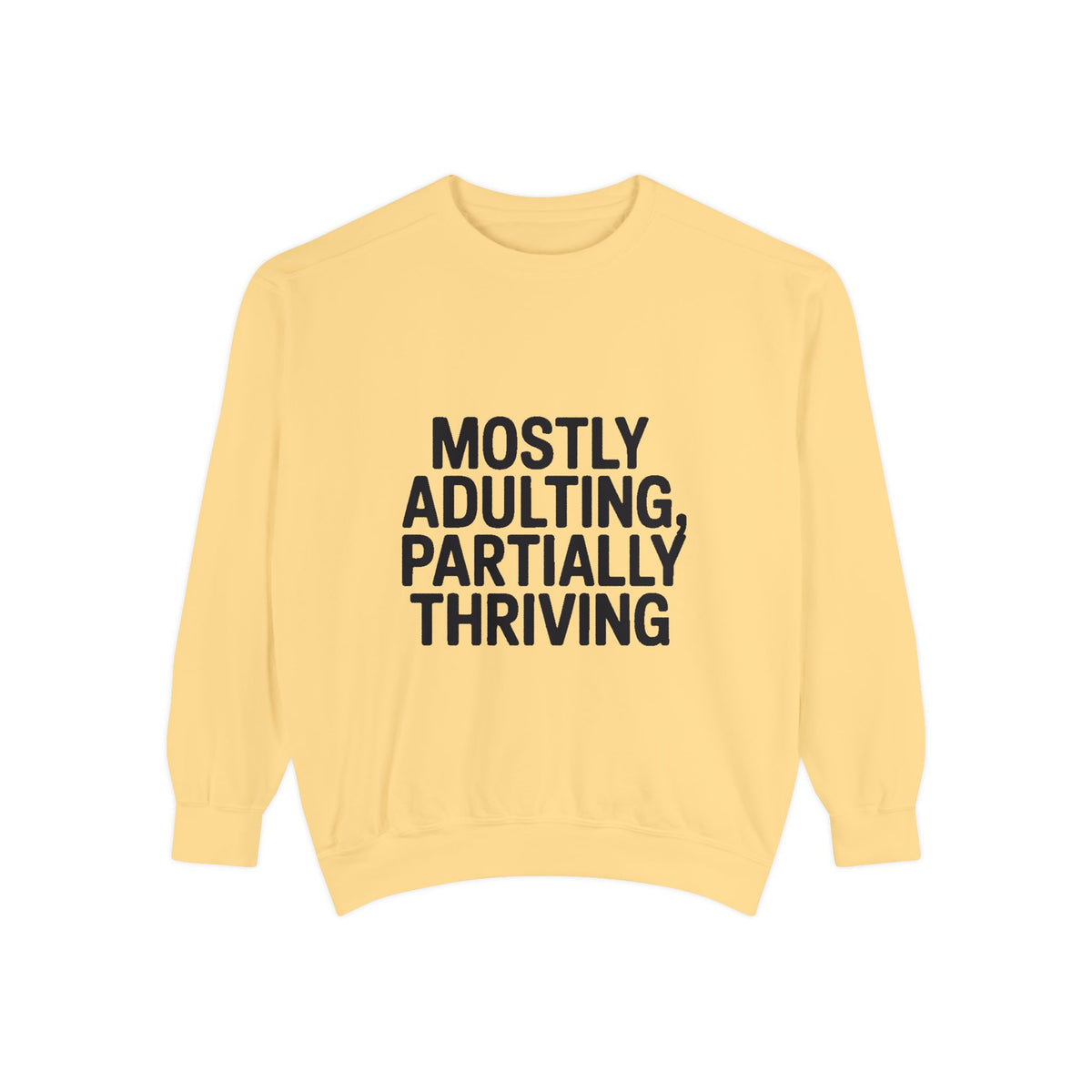 Mostly Adulting Partially Thriving Sweatshirt, Funny Embroidered Crewneck, Sarcastic Adult Life Gift, Minimalist Text Sweatshirt