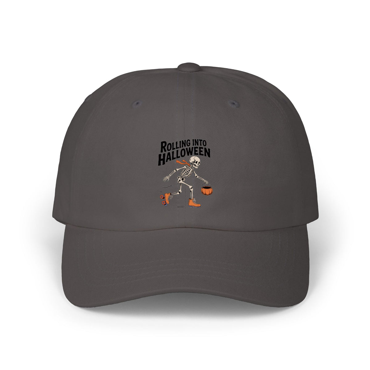 Rolling Into Halloween Skeleton Dad Hat, Retro Roller Skate Skeleton Cap, Funny Halloween Embroidered Hat, Spooky Season Gift