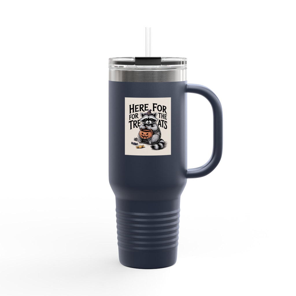 Here For The Treats Raccoon Travel Mug, Funny Halloween Tumbler, Spooky Season 40oz Tumbler with Handle, Trick or Treat Gift