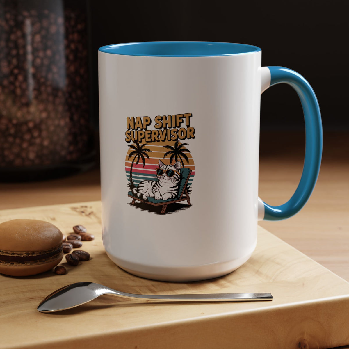 Retro Cat Sunset Mug, Funny Nap Shift Supervisor Coffee Cup, Vintage 90s Cat Lover Gift, Sunglasses Cat Sunset Mug