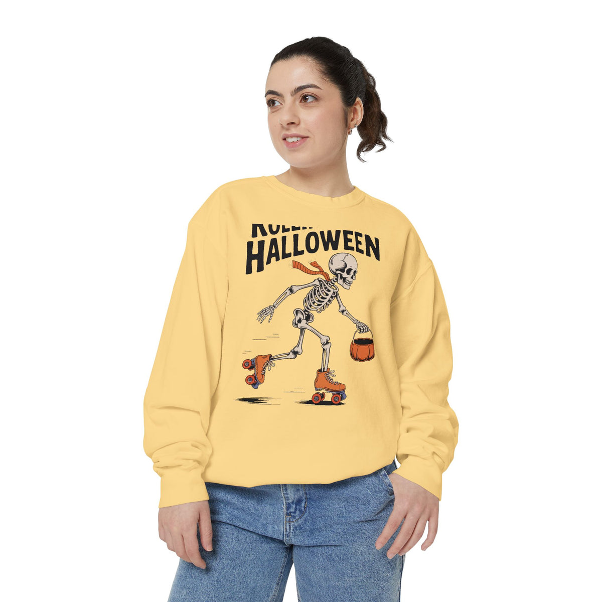 Rolling Into Halloween Skeleton Sweatshirt, Retro Roller Skate Skeleton Crewneck, Funny Halloween Gift, Vintage Spooky Season Sweatshirt