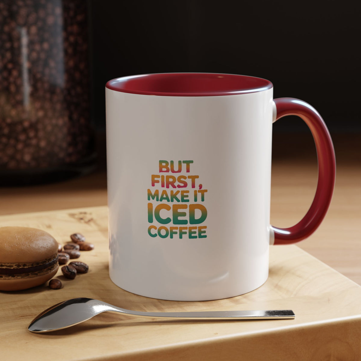 But First Iced Coffee Mug, Retro Gradient Typography Coffee Mug, Funny Coffee Lover Gift, Colorful Accent Mug for Coffee Addict