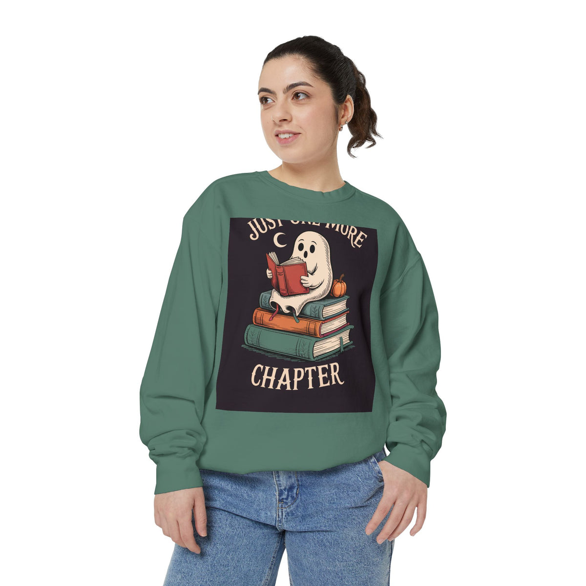 Just One More Chapter Ghost Sweatshirt, Halloween Reading Crewneck, Bookish Ghost Embroidered Sweatshirt, Spooky Season Book Lover Gift
