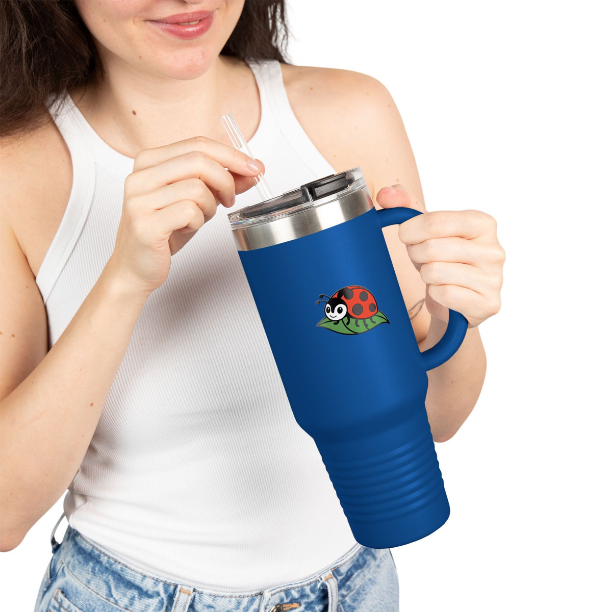 Cute Ladybug Travel Mug, 40oz Tumbler with Handle and Straw, Ladybug On A Leaf Insulated Cup, Nature Lover Gift