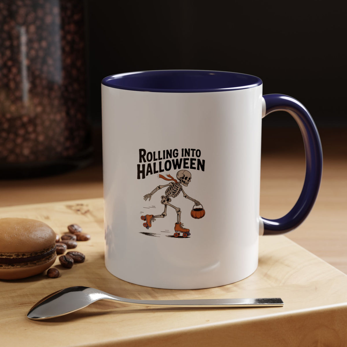 Rolling Into Halloween Skeleton Mug, Retro Roller Skating Skeleton Coffee Cup, Funny Halloween Gift, Spooky Season Accent Mug