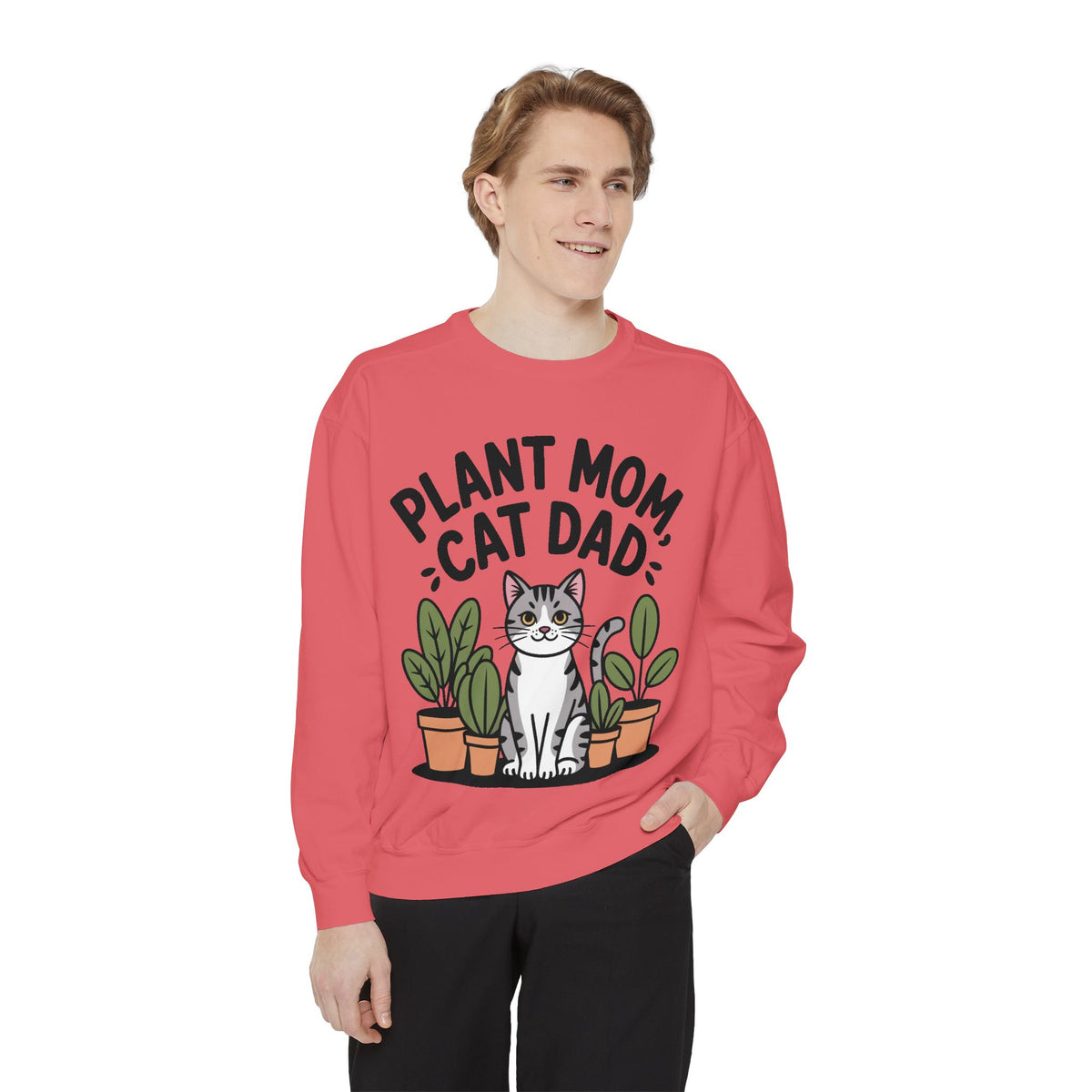 Plant Mom Cat Dad Sweatshirt, Funny Cat Lover Crewneck, Cute Plant Lady Gift, Embroidered Patch Style Sweatshirt for Cat Owners