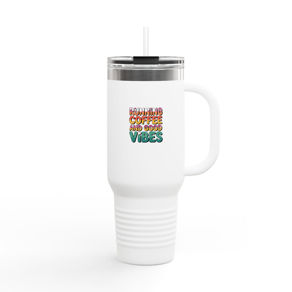 Running On Coffee And Good Vibes Tumbler, Funny Coffee Quote 40oz Travel Mug, Cute Gift for Coffee Lovers, Bold Typography Tumbler