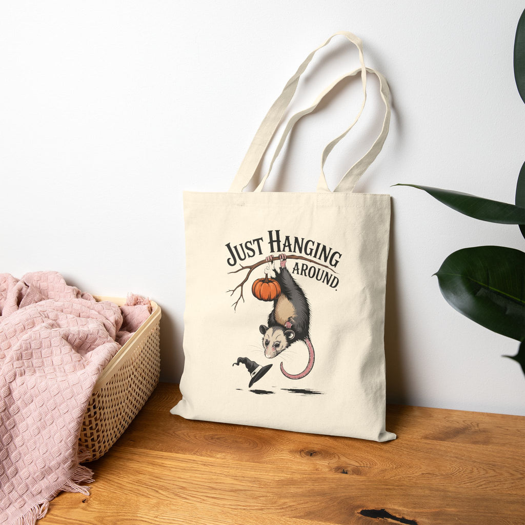 Just Hanging Around Opossum Tote Bag, Vintage Halloween Possum Canvas Bag, Funny Fall Tote, Spooky Season Gift