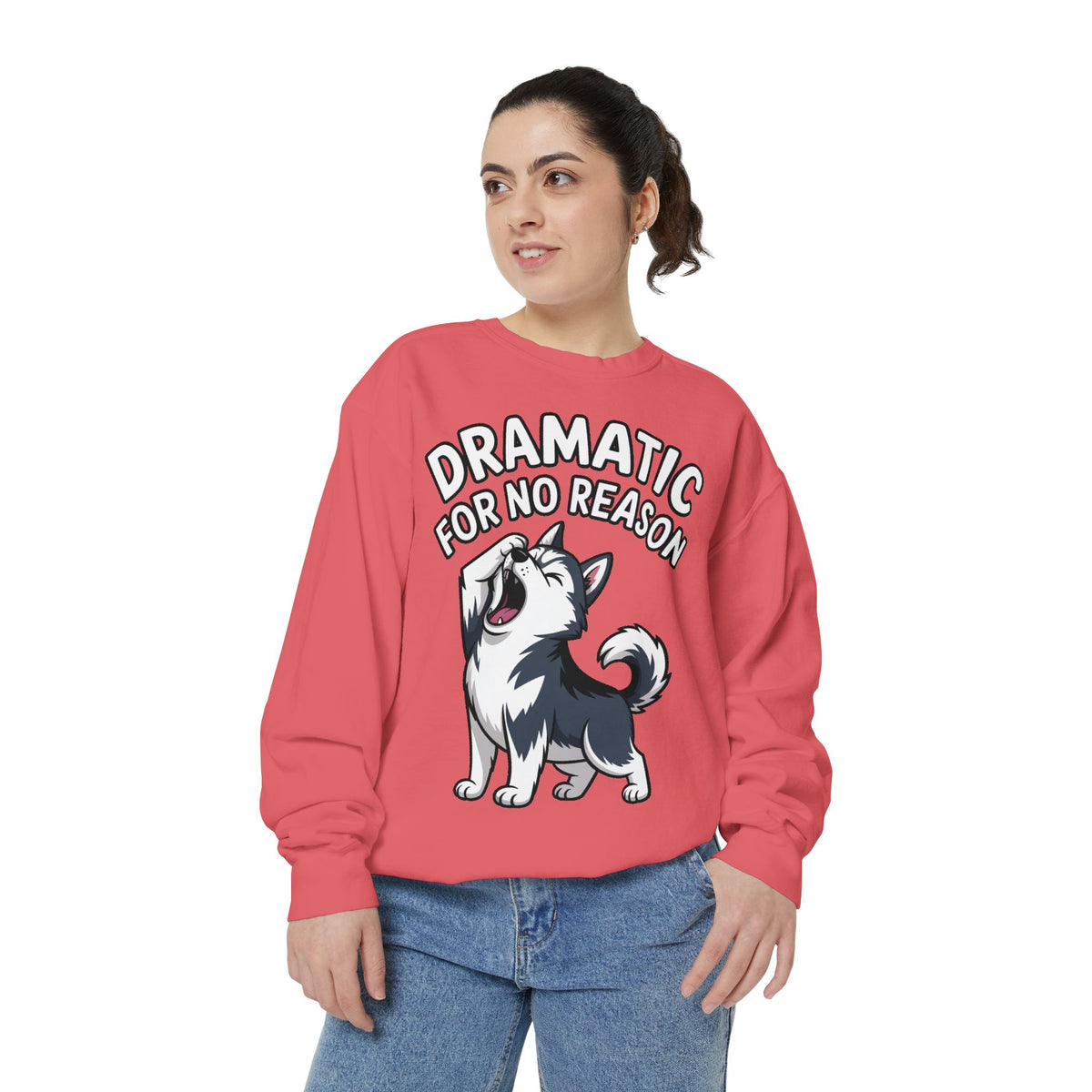 Dramatic Husky Sweatshirt, Funny Dog Lover Crewneck, Cute Cartoon Husky Embroidered Patch Style Sweatshirt, Gift for Husky Mom