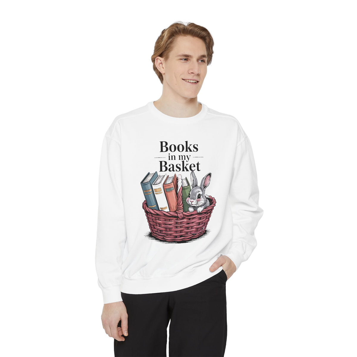 Book Lover Easter Sweatshirt, Books In My Basket Crewneck, Easter Gift For Reader, Bunny Book Lover Gift, Embroidered Garment Dyed Sweatshi…