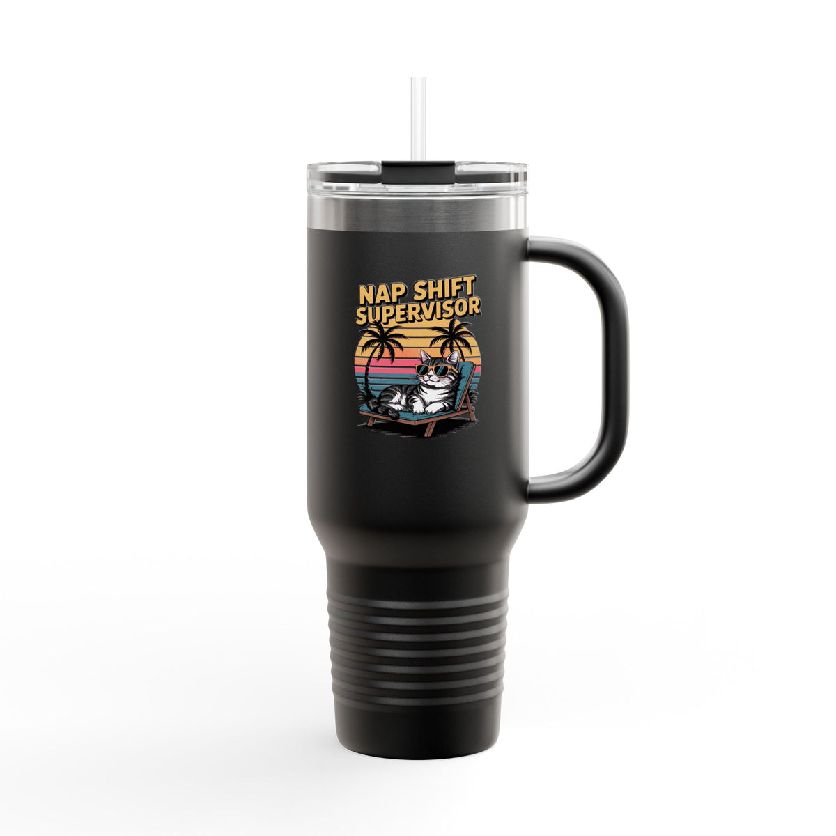 Retro Cat Sunset Tumbler, Funny Cat Lover 40oz Travel Mug, Nap Shift Supervisor Cup, Vintage 90s Cat Gift, Insulated Tumbler with Handle