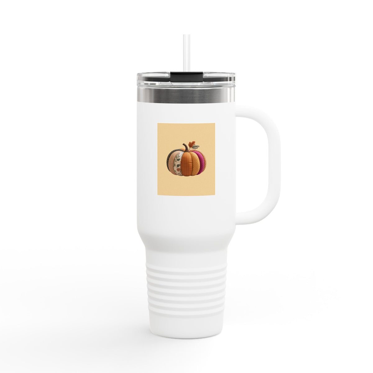 Patchwork Pumpkin Travel Mug, Halloween 40oz Tumbler with Handle, Fall Quilted Pumpkin Insulated Cup, Autumn Gift for Her