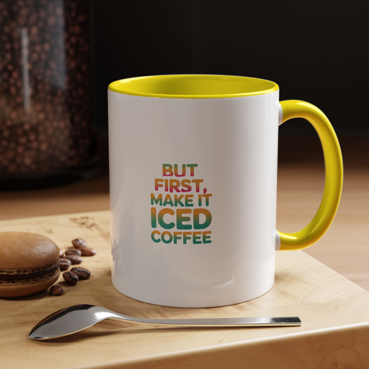 But First Iced Coffee Mug, Retro Gradient Typography Coffee Mug, Funny Coffee Lover Gift, Colorful Accent Mug for Coffee Addict
