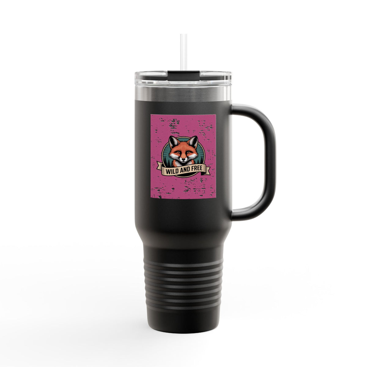 Retro Fox Travel Mug, Vintage Wildlife Badge 40oz Tumbler, Wild and Free Outdoor Gift, Fox Lover Insulated Cup with Handle and Straw