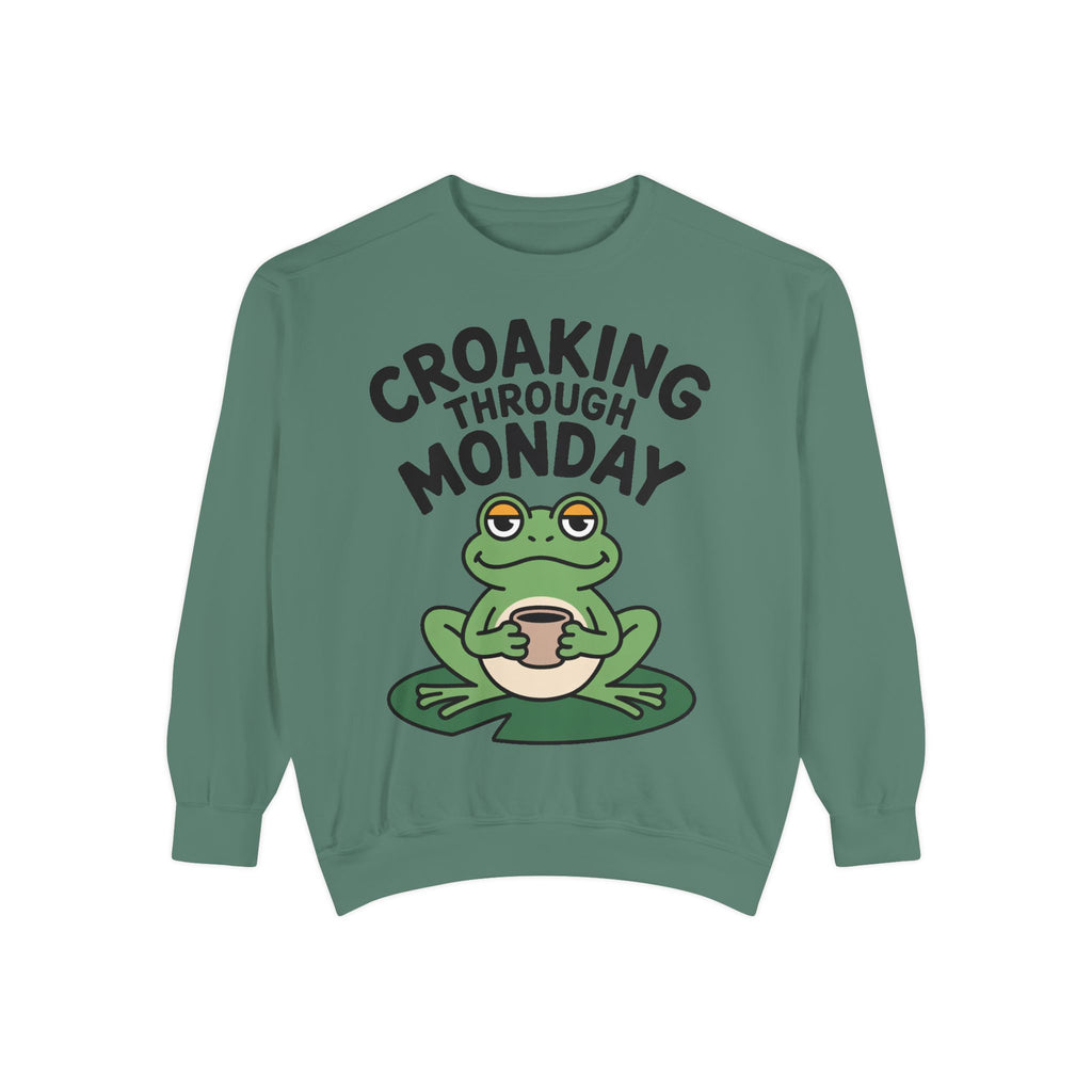 Croaking Through Monday Sweatshirt, Funny Tired Frog Crewneck, Cute Coffee Frog Sweatshirt, Frog Lover Gift