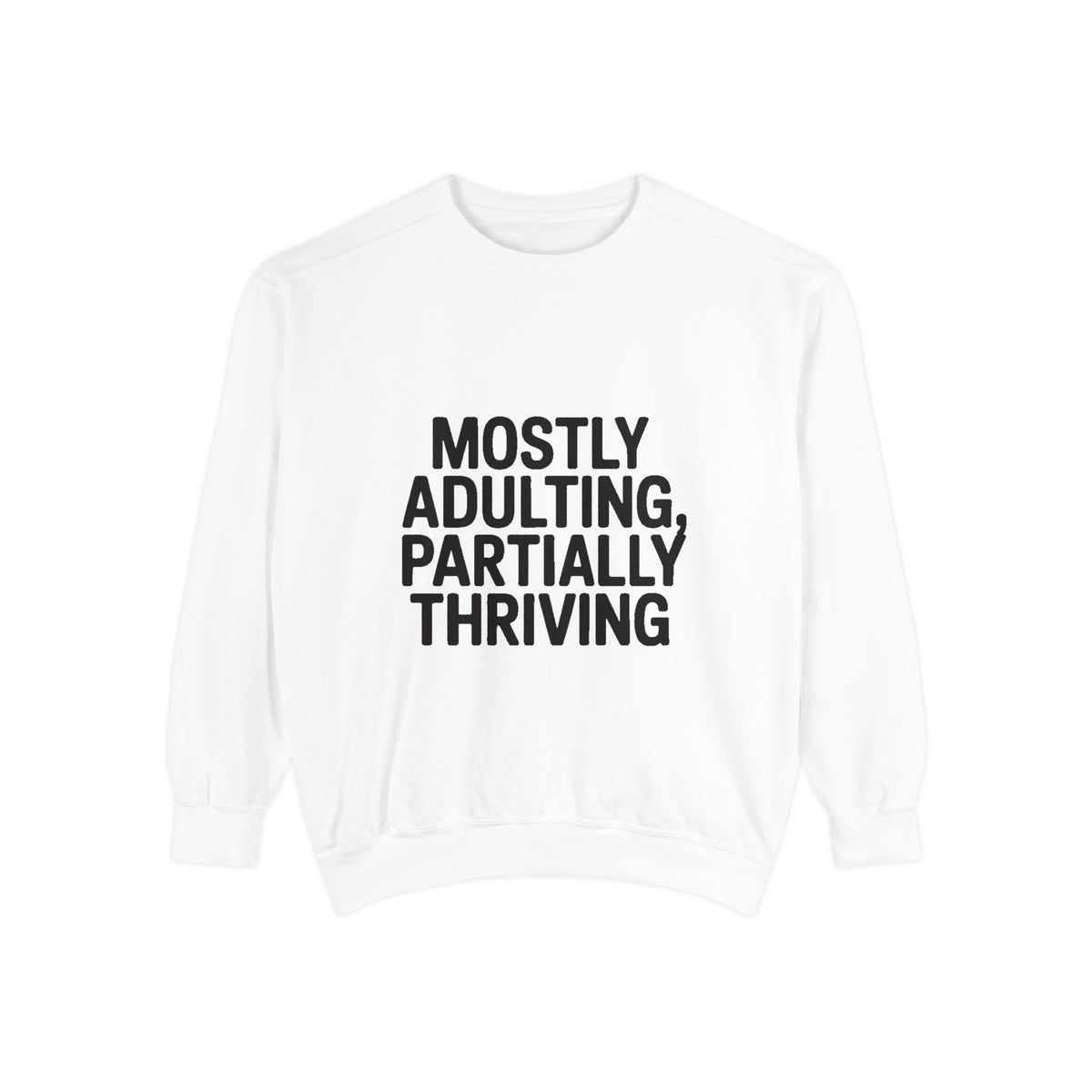 Mostly Adulting Partially Thriving Sweatshirt, Funny Embroidered Crewneck, Sarcastic Adult Life Gift, Minimalist Text Sweatshirt