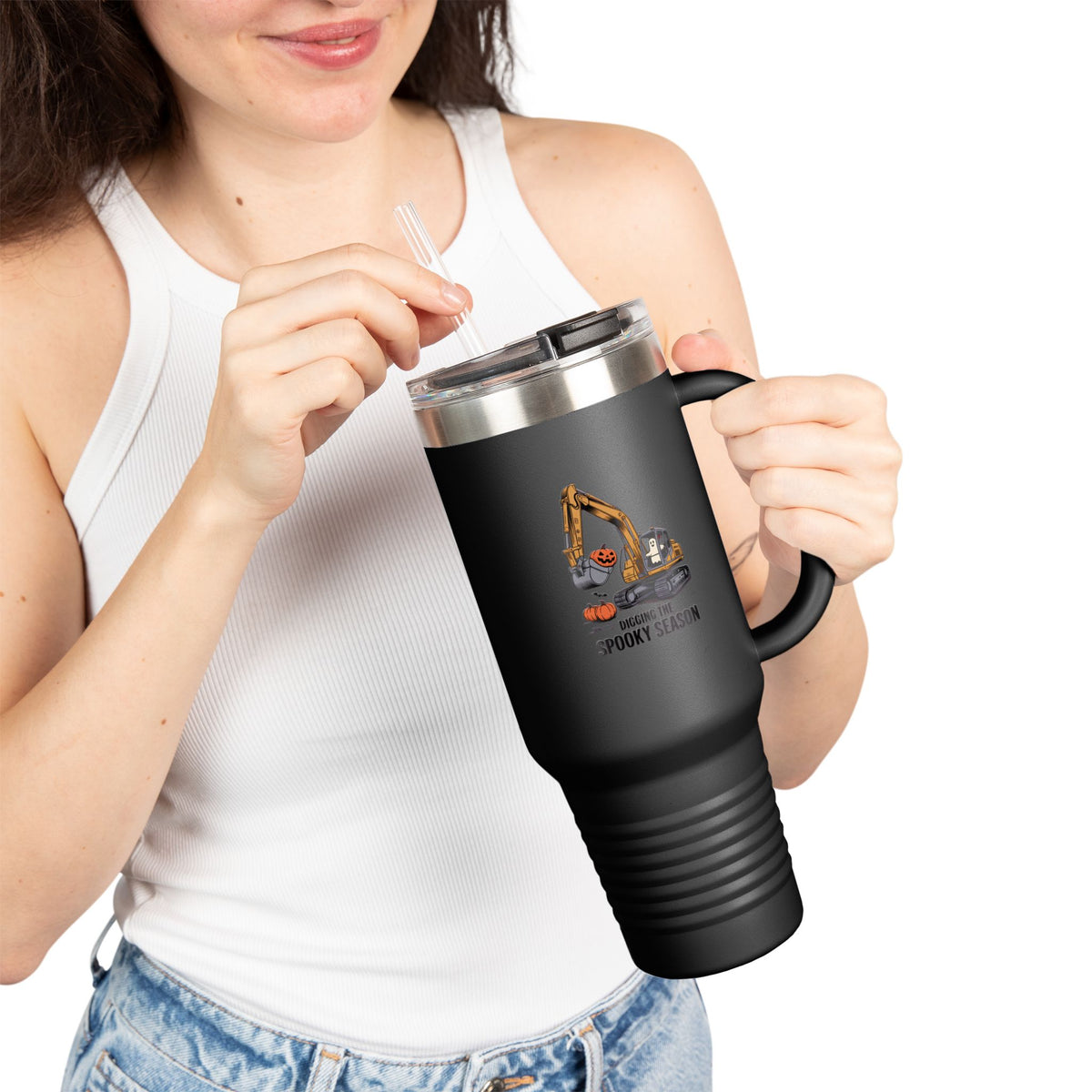Halloween Excavator Travel Mug, Funny Digging The Spooky Season Tumbler, Construction Halloween Gift, 40oz Insulated Cup