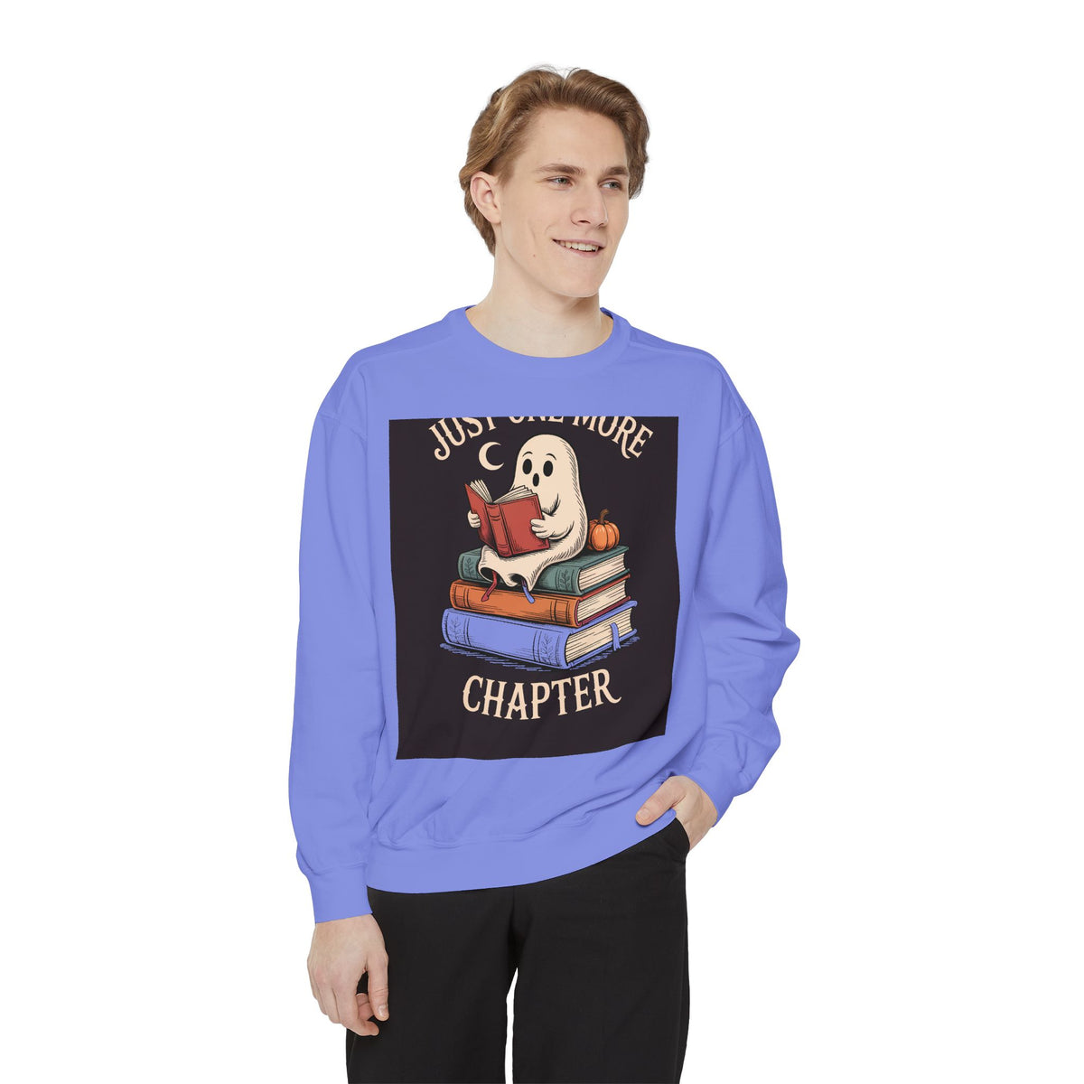 Just One More Chapter Ghost Sweatshirt, Halloween Reading Crewneck, Bookish Ghost Embroidered Sweatshirt, Spooky Season Book Lover Gift