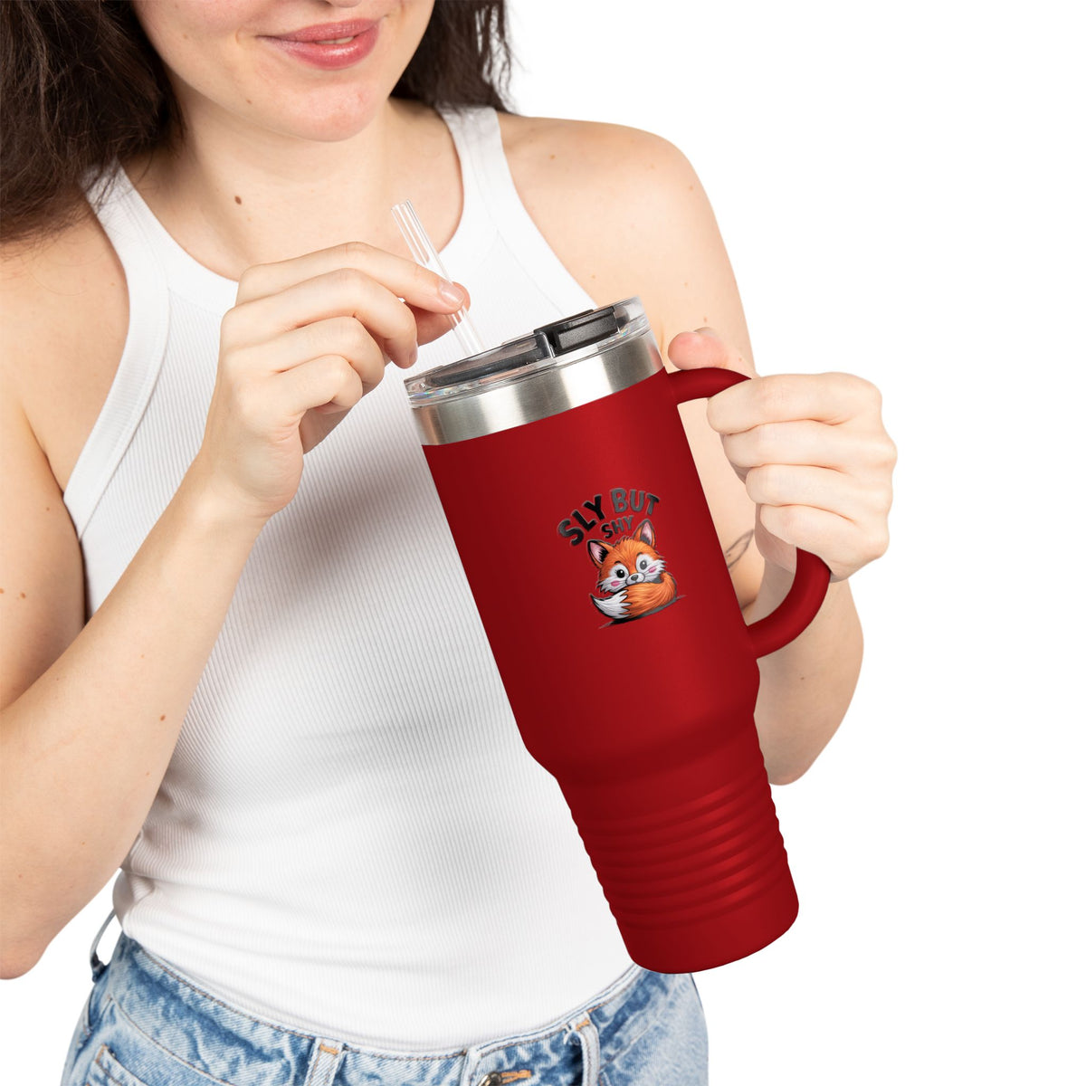 Sly But Shy Fox Travel Mug 40oz, Cute Fox Tumbler with Handle and Straw, Funny Fox Lover Gift, Introvert Coffee Cup