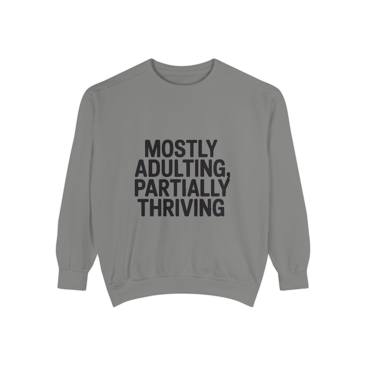 Mostly Adulting Partially Thriving Sweatshirt, Funny Embroidered Crewneck, Sarcastic Adult Life Gift, Minimalist Text Sweatshirt