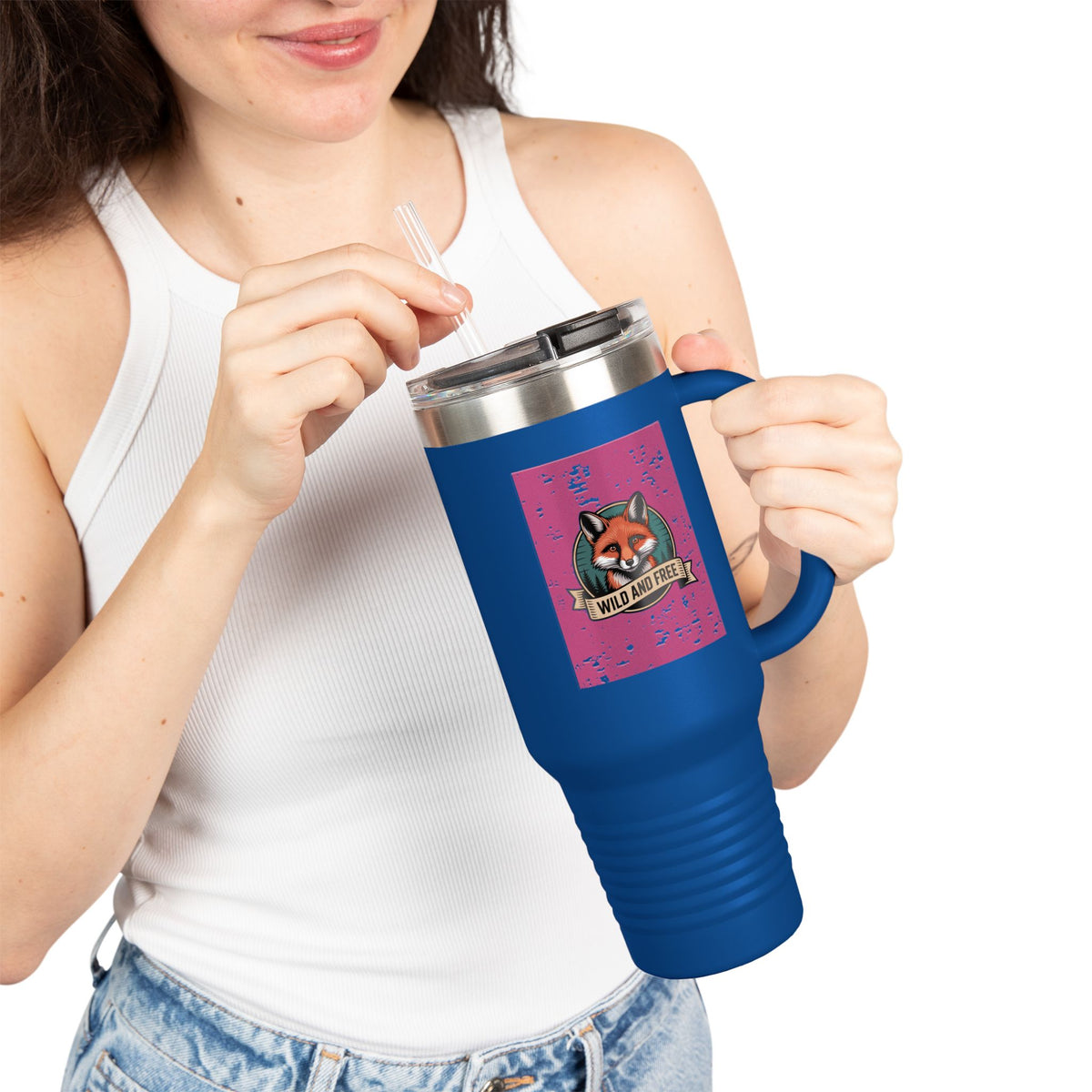 Retro Fox Travel Mug, Vintage Wildlife Badge 40oz Tumbler, Wild and Free Outdoor Gift, Fox Lover Insulated Cup with Handle and Straw