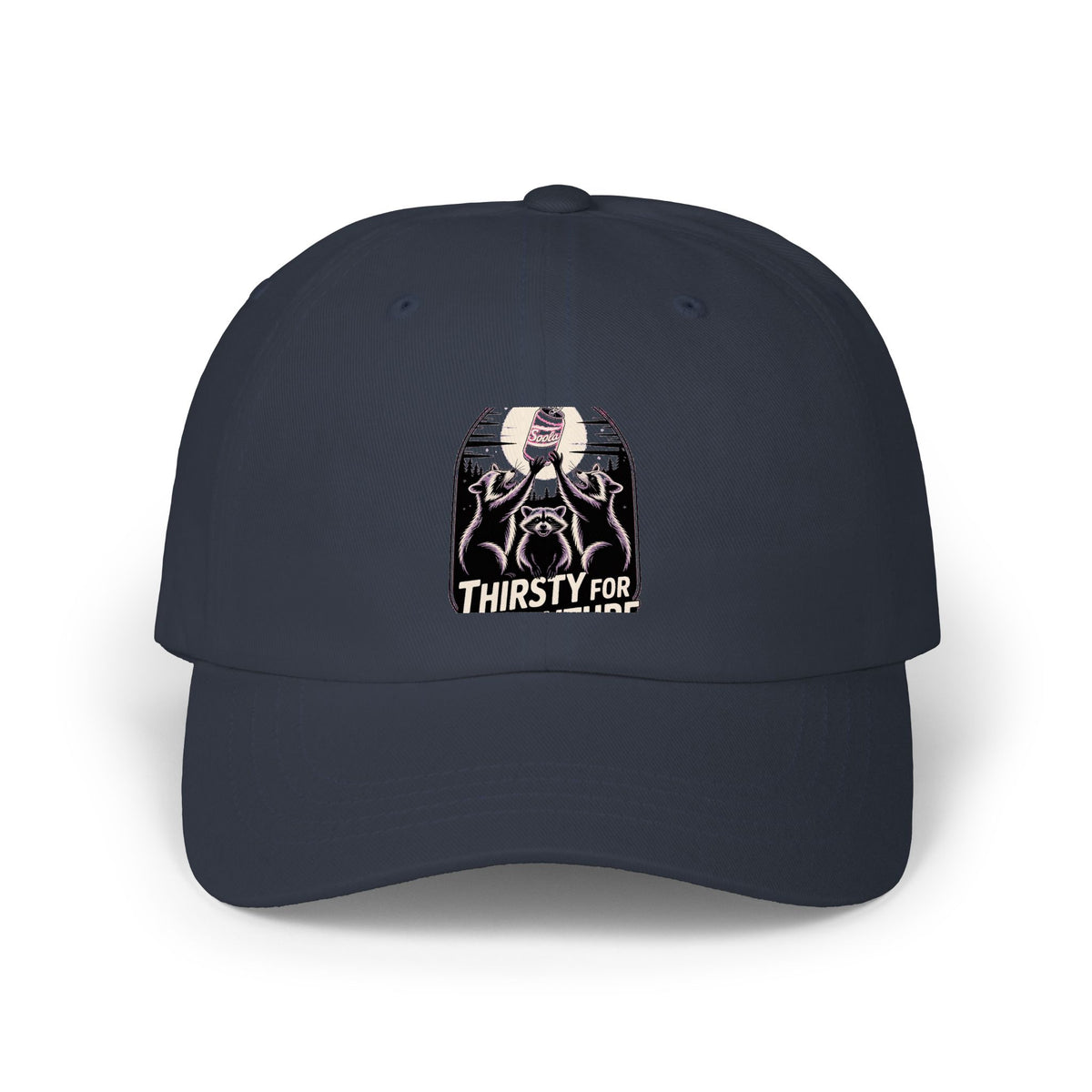 Thirsty For Adventure Raccoons Dad Cap, Funny Raccoon Hat, Vintage Poster Style Embroidered Cap, Camping Hiking Gift