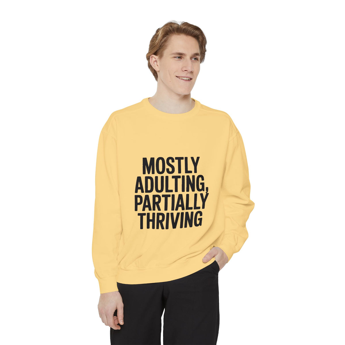Mostly Adulting Partially Thriving Sweatshirt, Funny Embroidered Crewneck, Sarcastic Adult Life Sweatshirt, Trendy Minimalist Gift