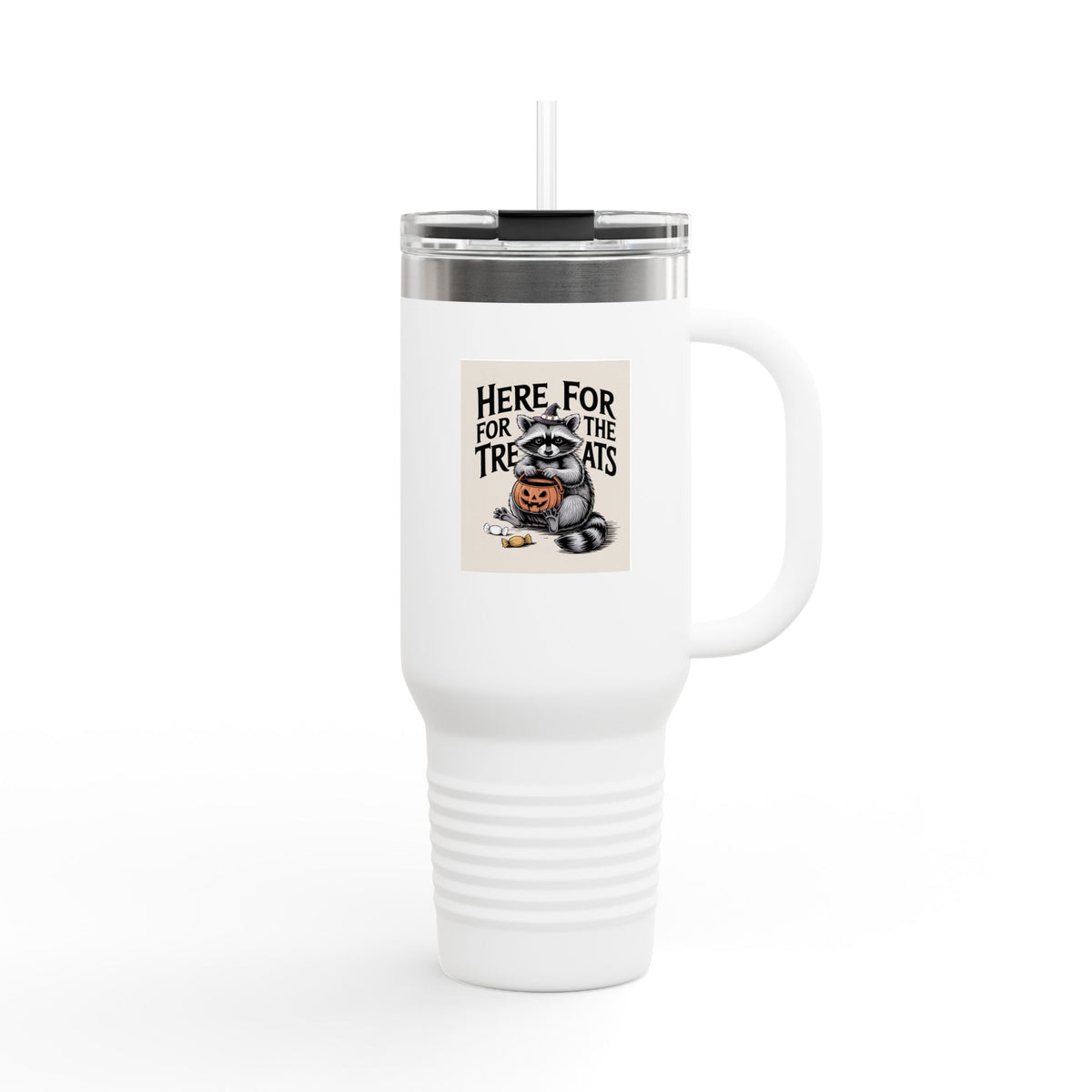 Here For The Treats Raccoon Travel Mug, Funny Halloween Tumbler, Spooky Season 40oz Tumbler with Handle, Trick or Treat Gift