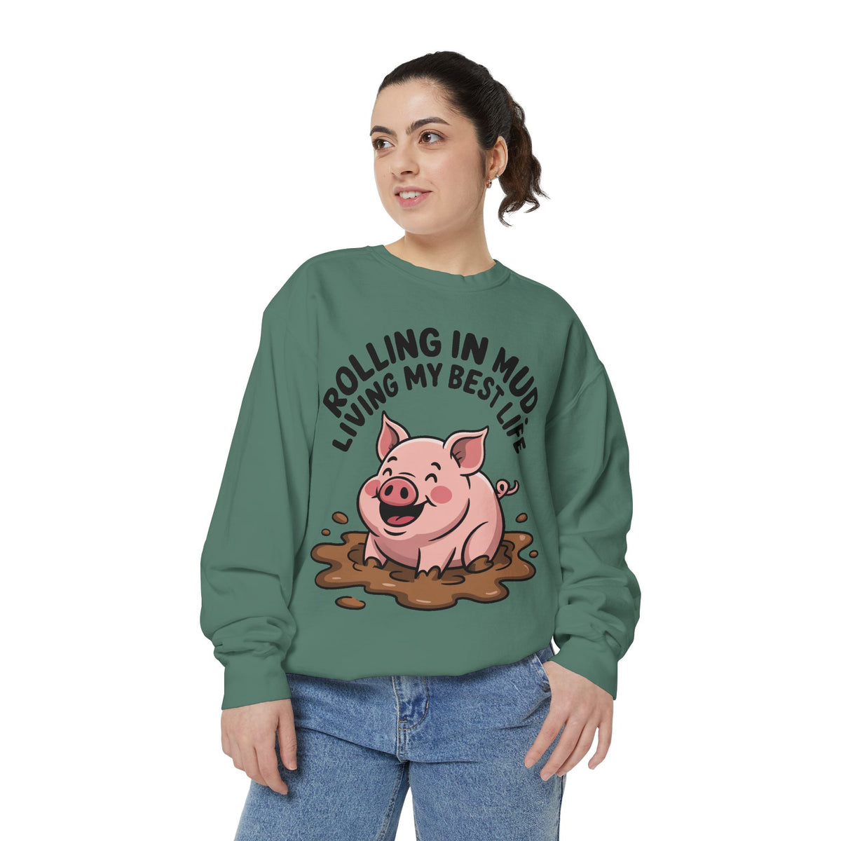 Funny Pig Sweatshirt, Rolling In Mud Living My Best Life Crewneck, Cute Farm Animal Gift, Pig Lover Sweater