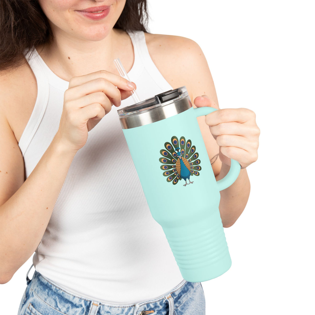 Peacock Travel Mug 40oz, Cute Peacock Feathers Tumbler with Handle, Bird Lover Gift, Insulated Stainless Steel Cup with Straw