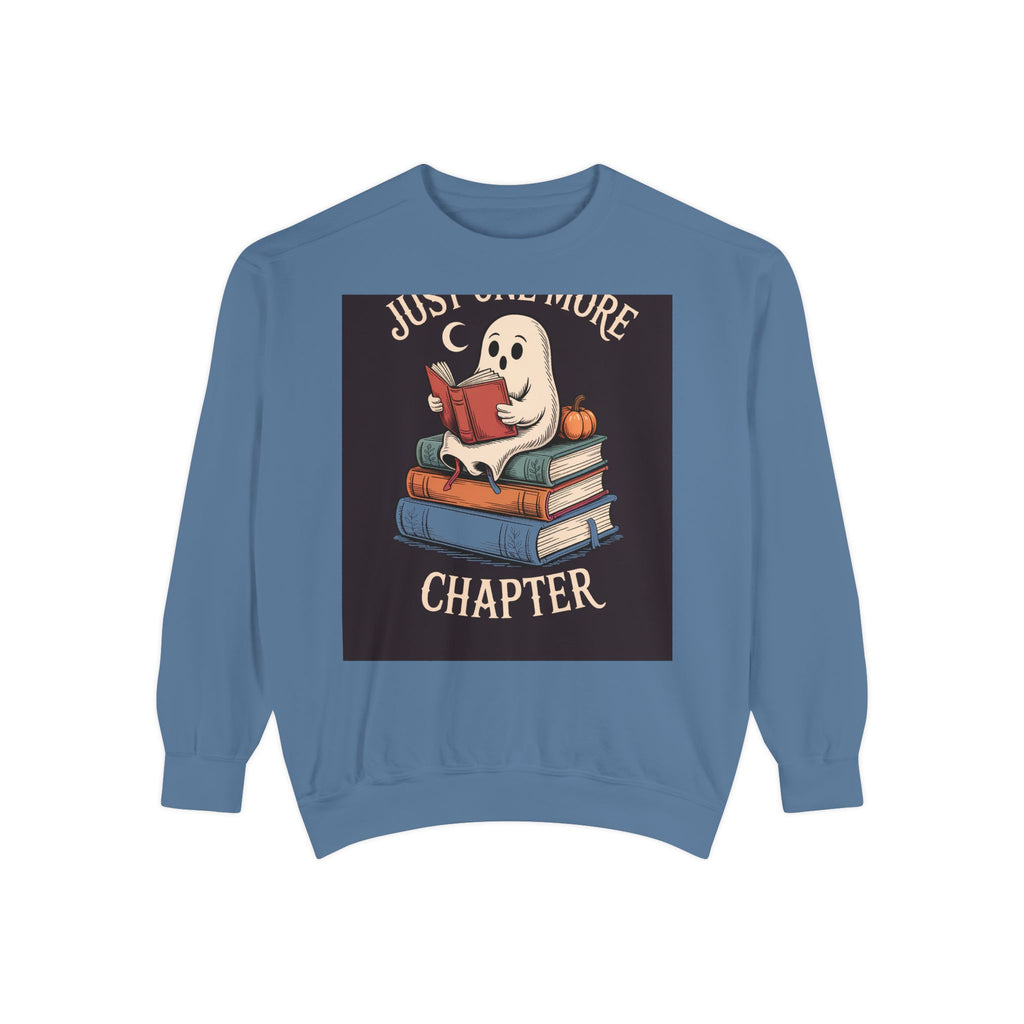 Just One More Chapter Ghost Sweatshirt, Halloween Reading Crewneck, Bookish Ghost Embroidered Sweatshirt, Spooky Season Book Lover Gift