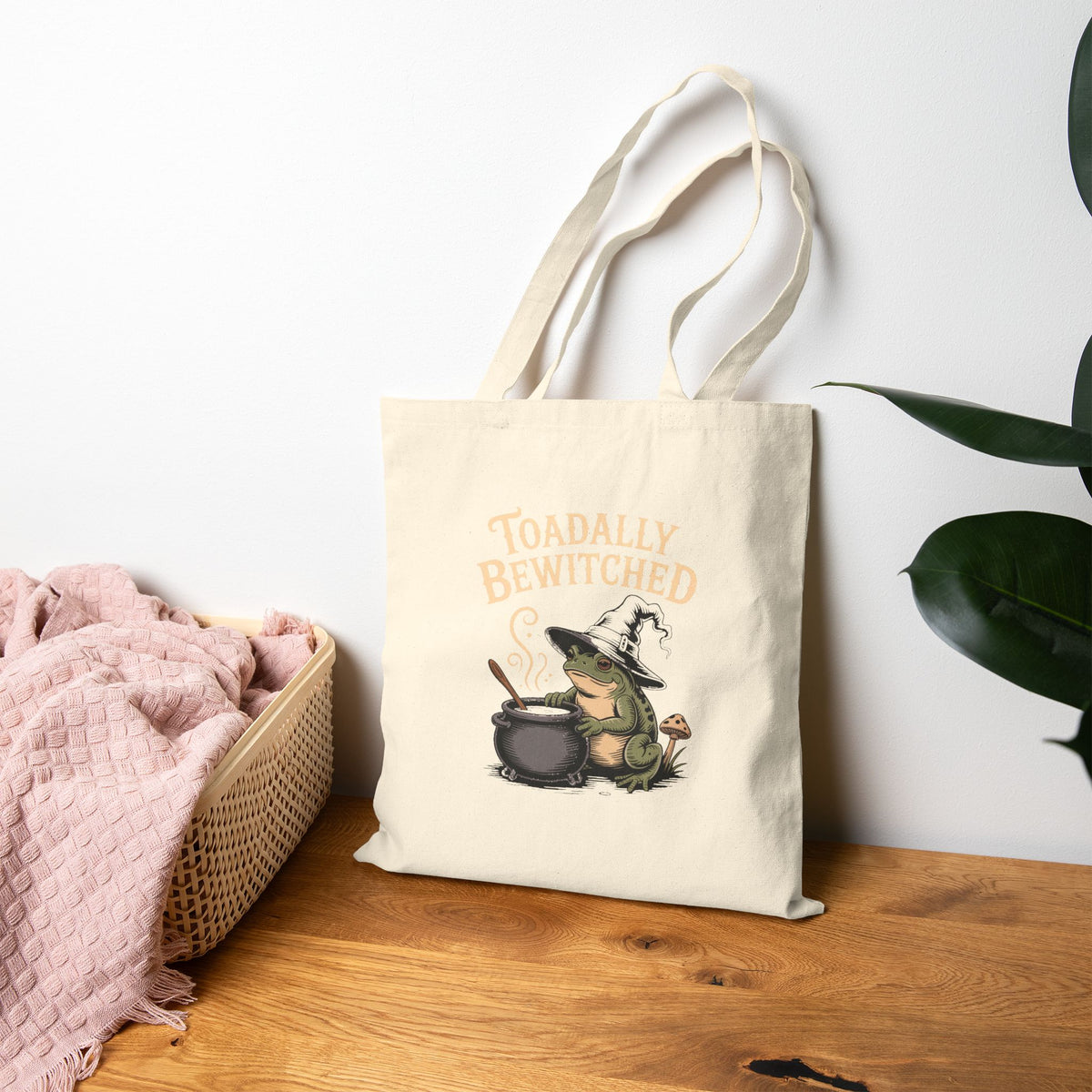 Toadally Bewitched Tote Bag, Funny Halloween Witch Toad Canvas Bag, Vintage Storybook Frog Witch Gift, Spooky Season Tote