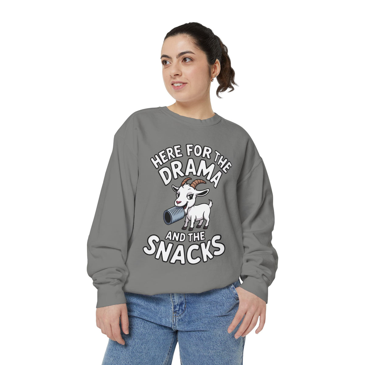 Funny Goat Sweatshirt, Here For The Drama And The Snacks Crewneck, Cute Goat Lover Gift, Embroidered Patch Style Sweatshirt