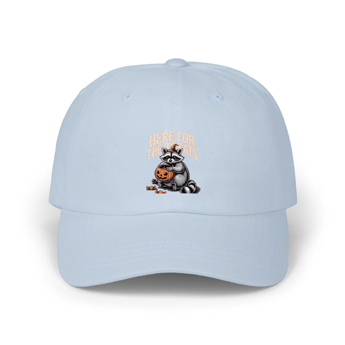 Here For The Treats Raccoon Dad Hat, Funny Halloween Cap, Vintage Raccoon Embroidered Dad Cap, Spooky Season Trick or Treat Gift