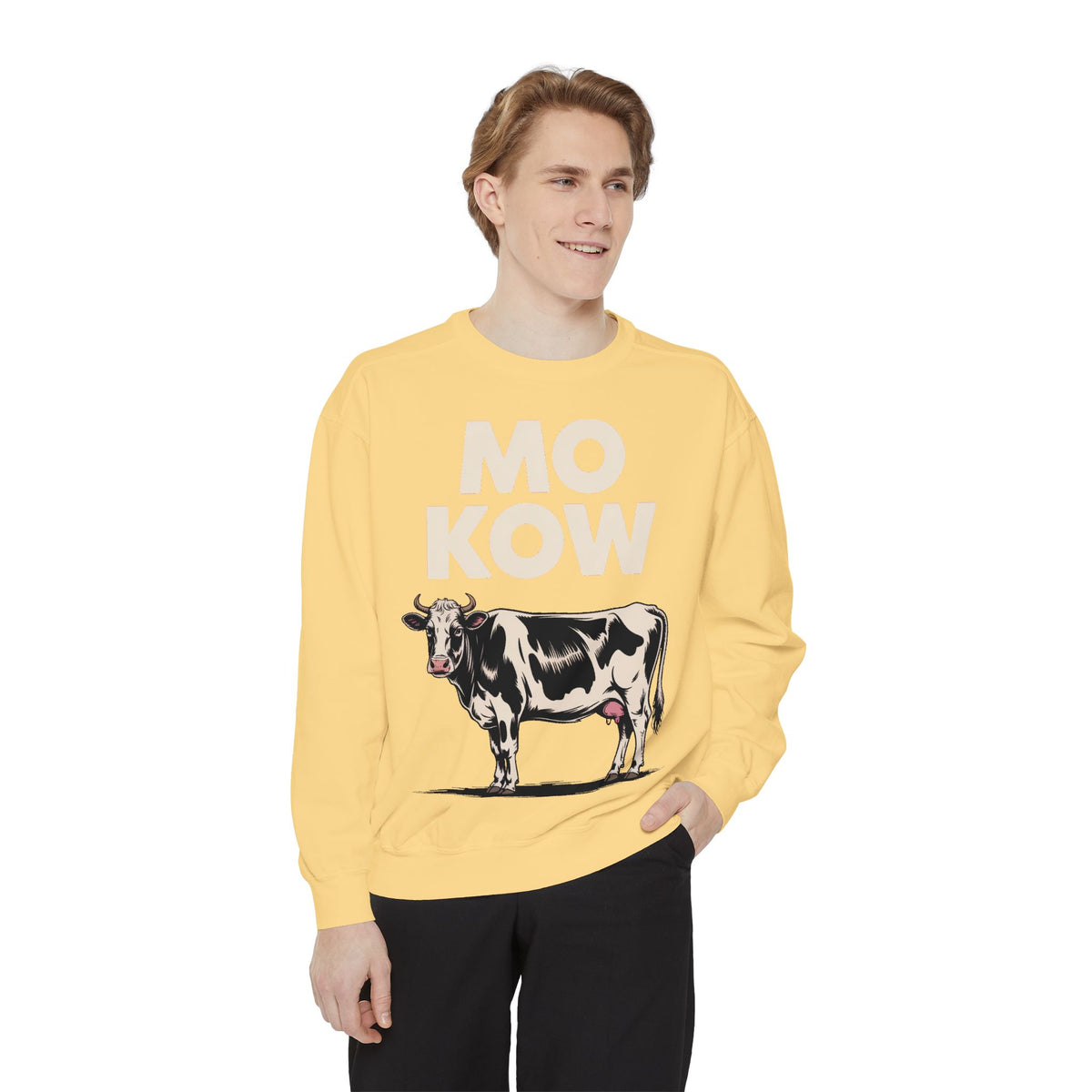 Mo Kow Funny Cow Sweatshirt, Absurd Meme Crewneck, Deadpan Farm Animal Embroidered Sweatshirt, Funny Cow Lover Gift