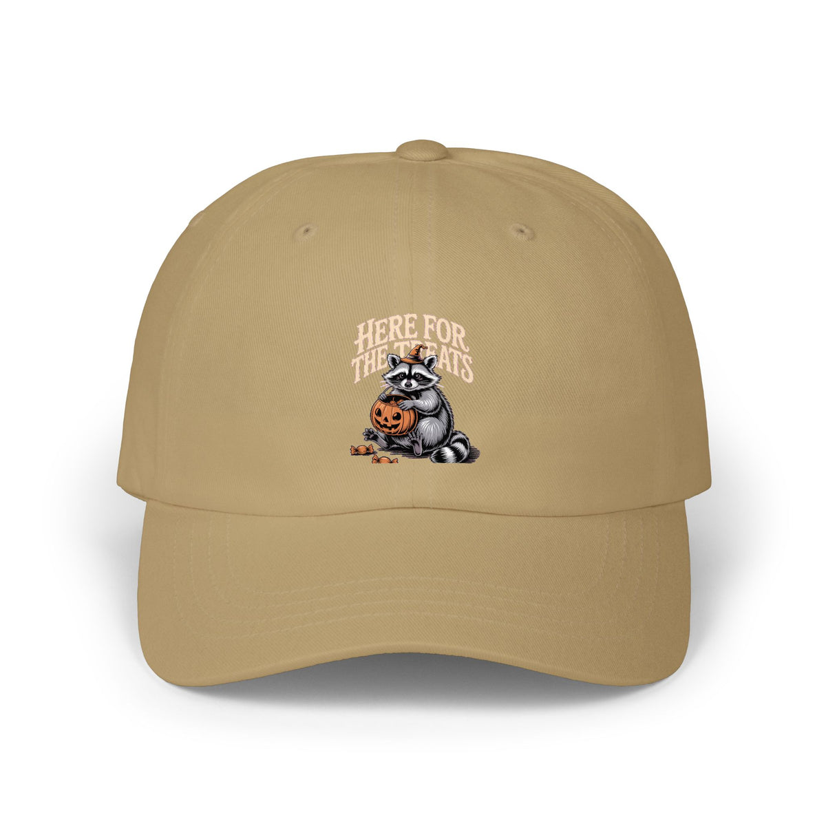Here For The Treats Raccoon Dad Hat, Funny Halloween Cap, Vintage Raccoon Embroidered Dad Cap, Spooky Season Trick or Treat Gift