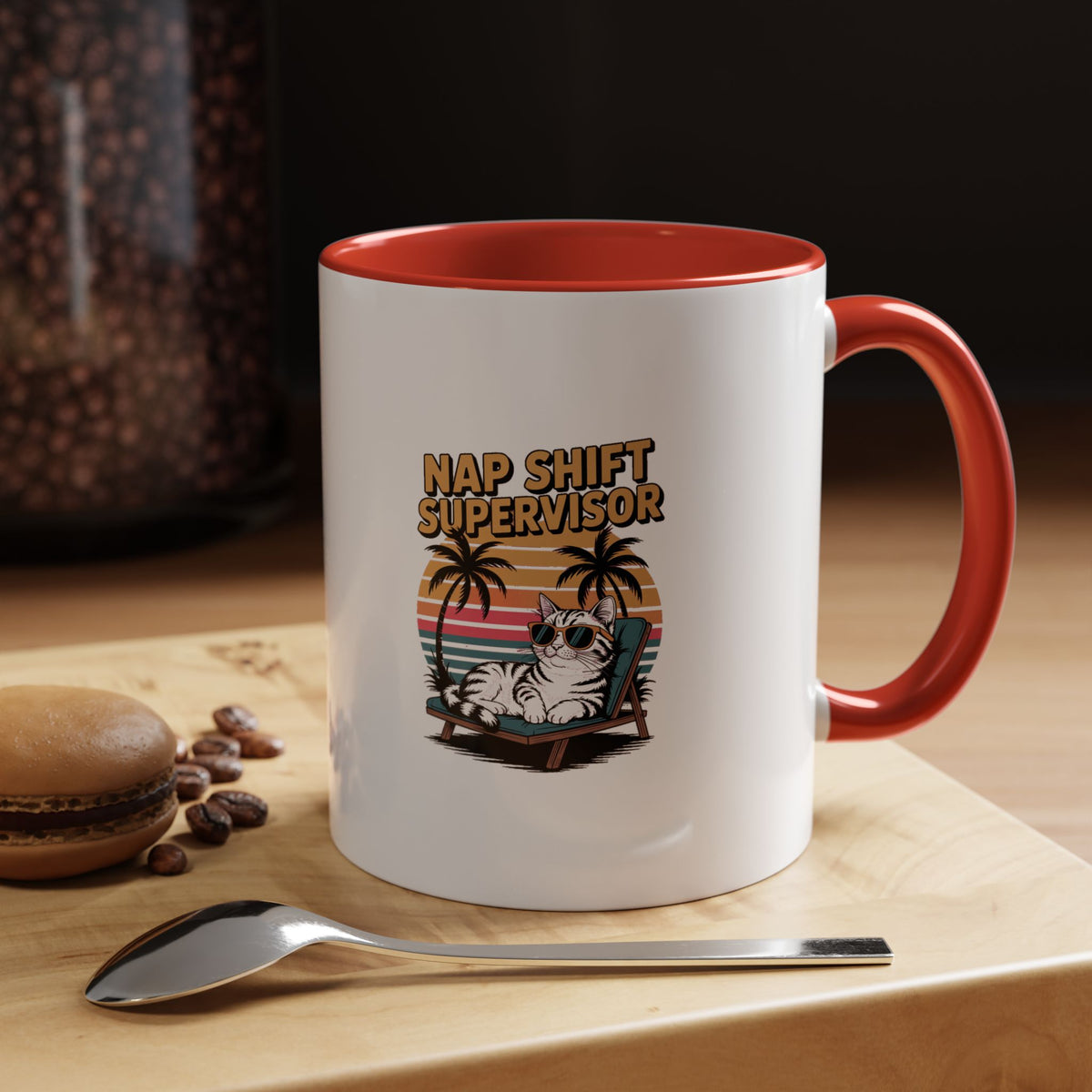 Retro Cat Sunset Mug, Funny Nap Shift Supervisor Coffee Cup, Vintage 90s Cat Lover Gift, Sunglasses Cat Sunset Mug