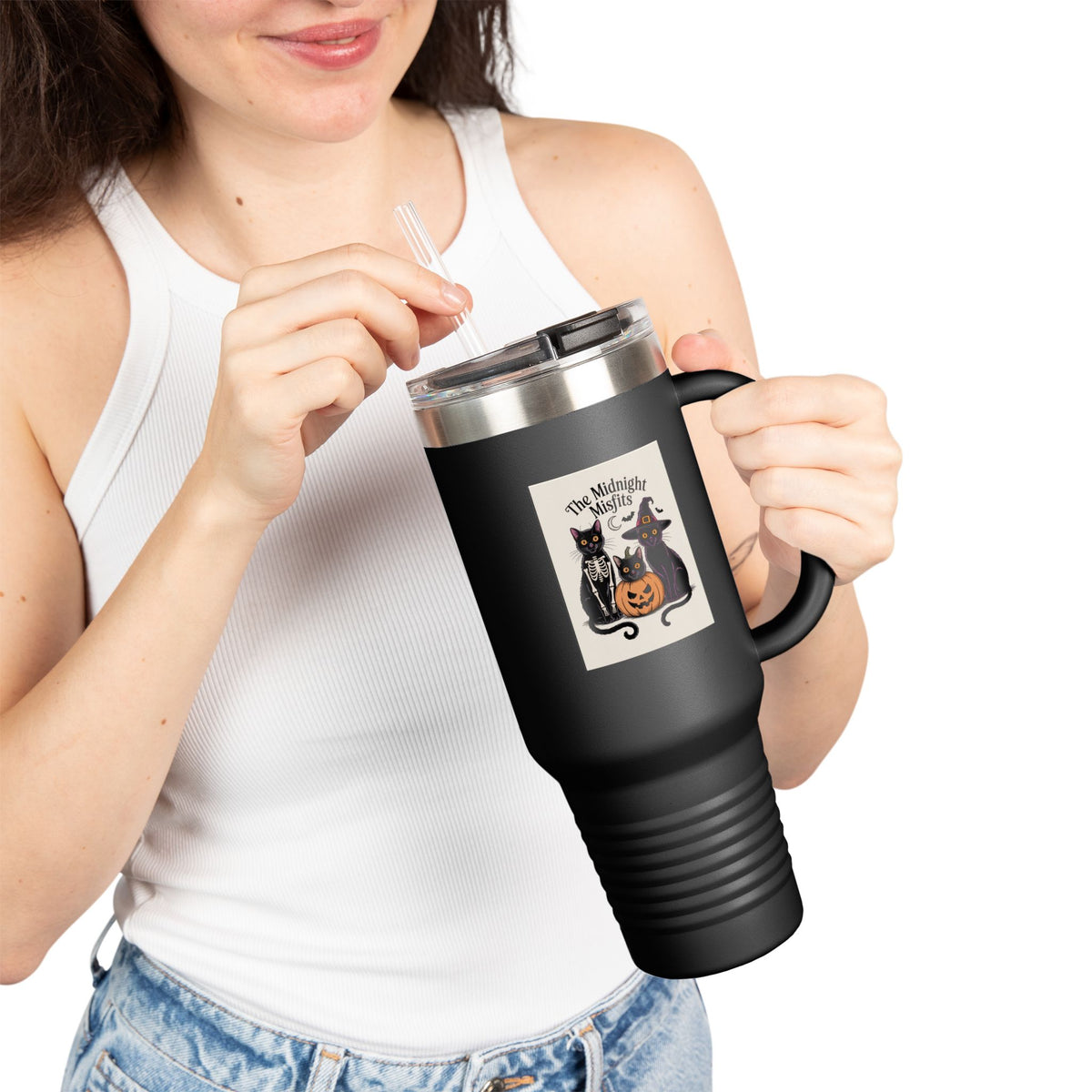 Halloween Cats Travel Mug, Funny Black Cat Tumbler 40oz, Spooky Season Insulated Cup, Cute Cat Costume Halloween Gift