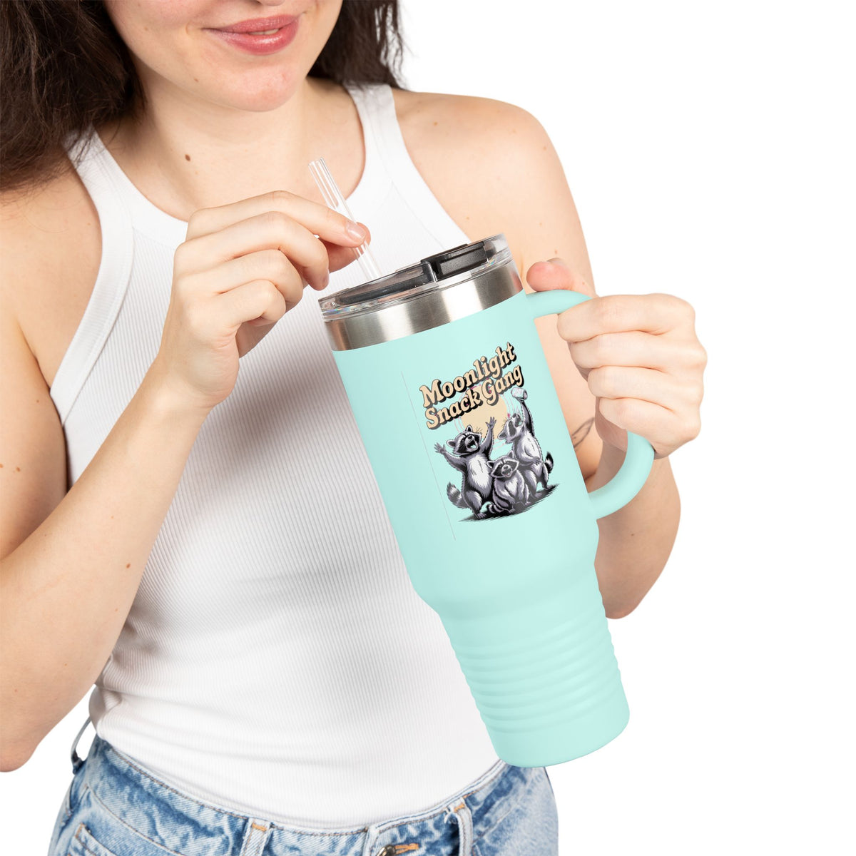 Retro Raccoon Travel Mug, Moonlight Snack Gang Tumbler, Funny Raccoon 40oz Cup, Vintage 90s Trash Panda Gift, Camping Coffee Tumbler