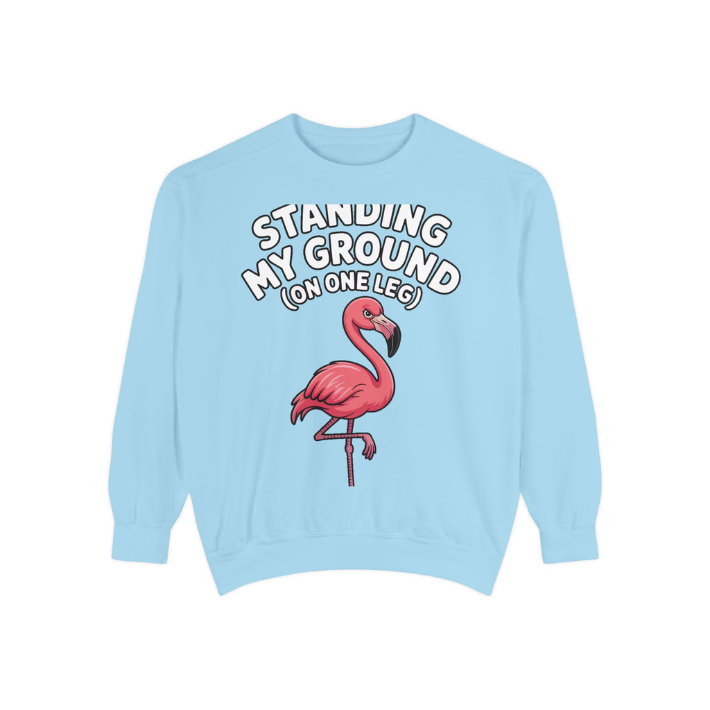 Standing My Ground Flamingo Sweatshirt, Funny One Leg Flamingo Crewneck, Sassy Bird Lover Gift, Embroidered Patch Style Sweatshirt