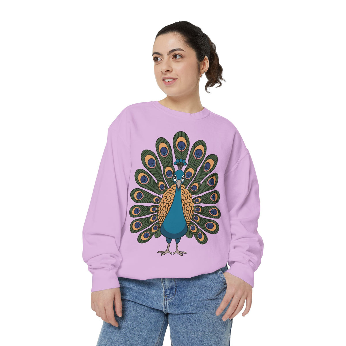 Peacock Sweatshirt, Cute Cartoon Peacock Crewneck, Embroidered Patch Style Feather Sweatshirt, Bird Lover Gift