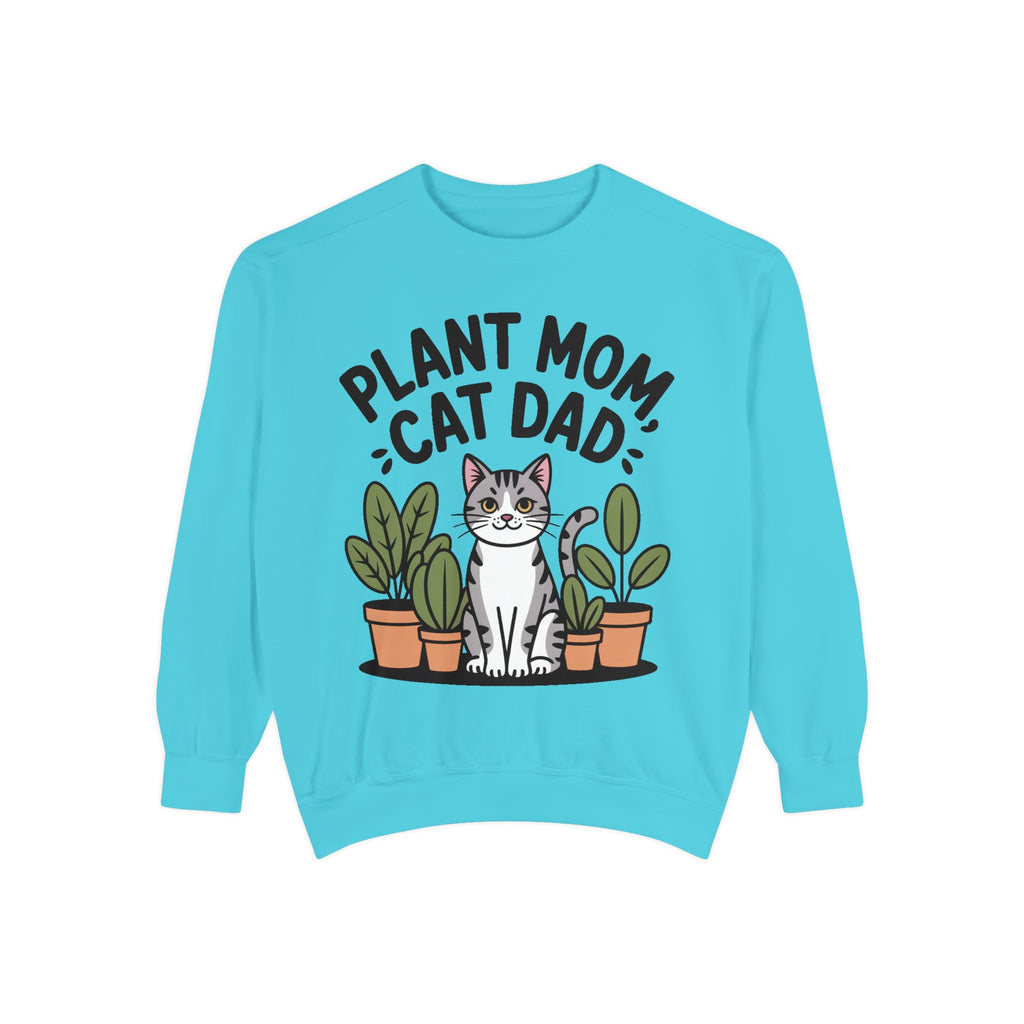 Plant Mom Cat Dad Sweatshirt, Funny Cat Lover Crewneck, Cute Plant Lady Gift, Embroidered Patch Style Sweatshirt for Cat Owners