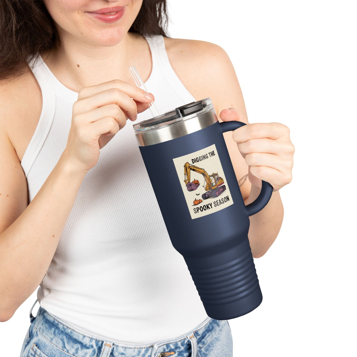 Halloween Excavator Travel Mug, Digging The Spooky Season Tumbler, Funny Construction Ghost Pumpkin 40oz Cup, Halloween Gift