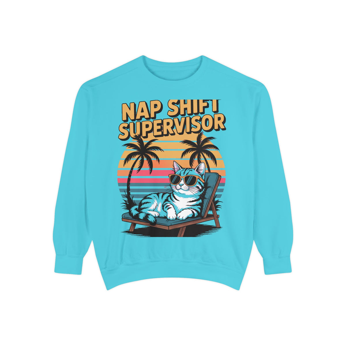 Retro Cat Sunset Sweatshirt, Funny Nap Shift Supervisor Crewneck, Vintage 90s Cat Lover Gift, Embroidered Cool Cat Sweatshirt