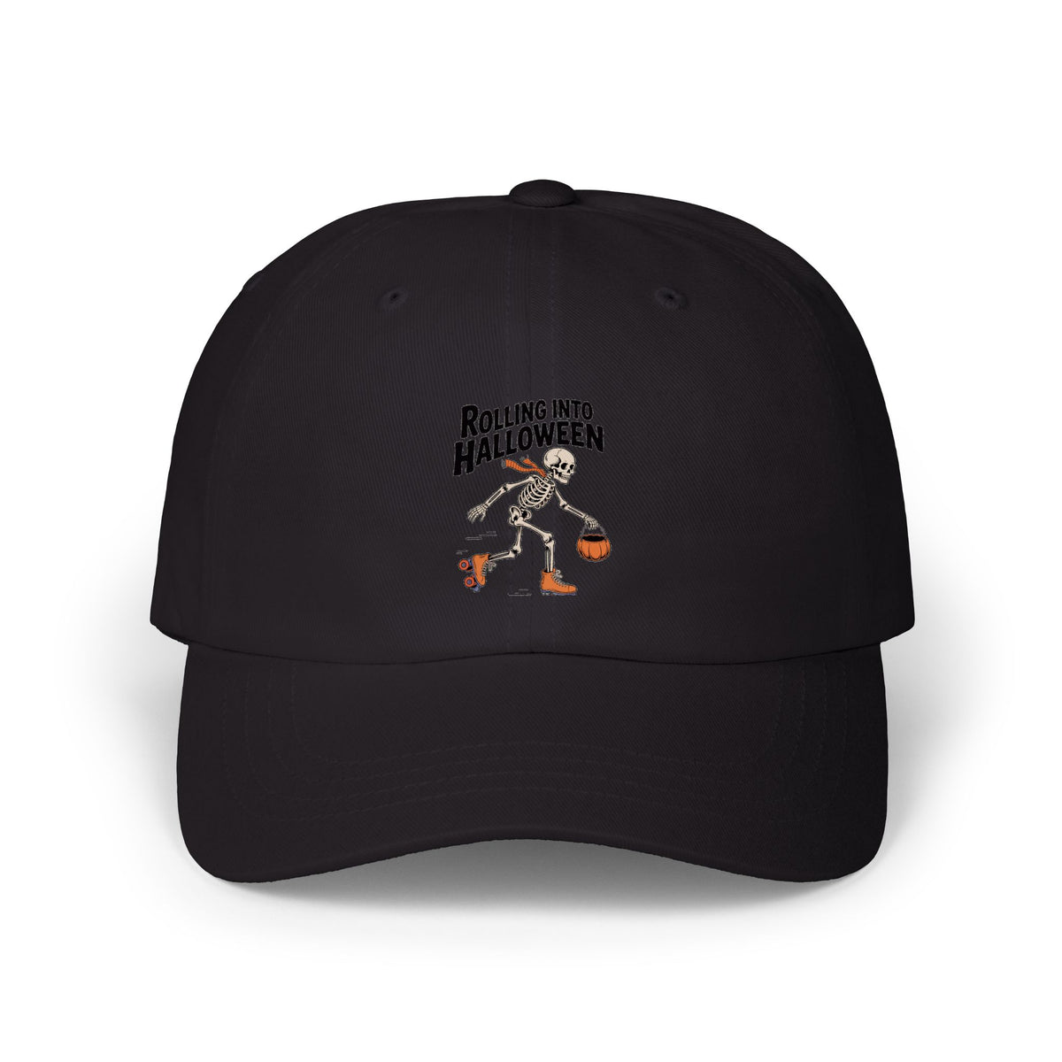 Rolling Into Halloween Skeleton Dad Hat, Retro Roller Skate Skeleton Cap, Funny Halloween Embroidered Hat, Spooky Season Gift
